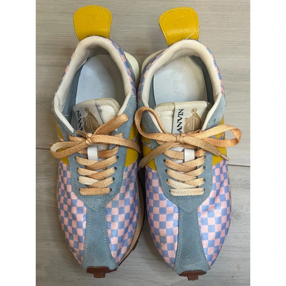 Retro Lanvin Bumper Sneakers Pink Blue Checkered Suede Sz 40 Luxury Y2K‎ Trendy